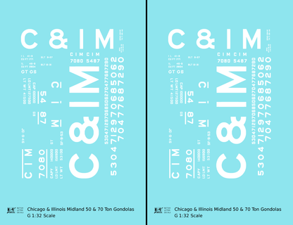 Chicago and Illinois Midland 50 and 70 Ton Gondolas White  - Decal - Choose Scale