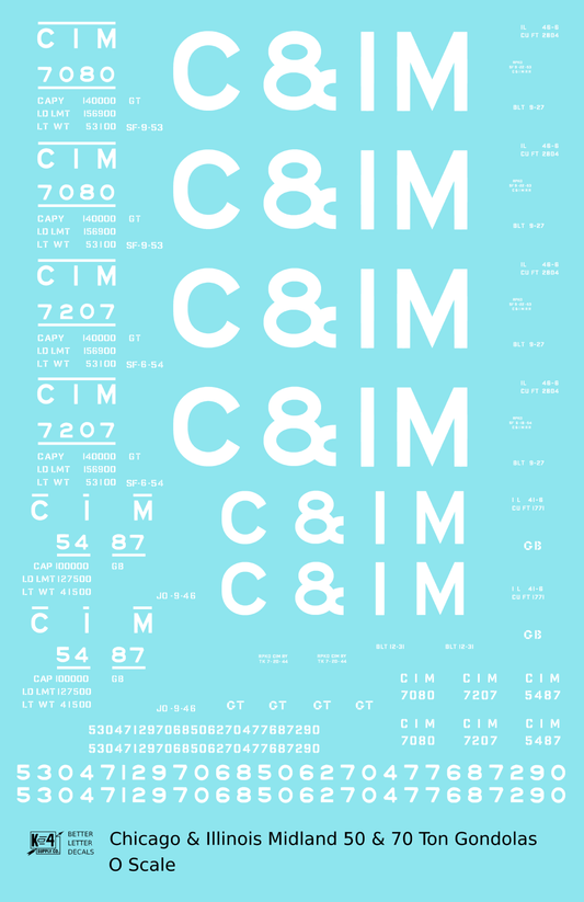 Chicago and Illinois Midland 50 and 70 Ton Gondolas White  - Decal Sheet