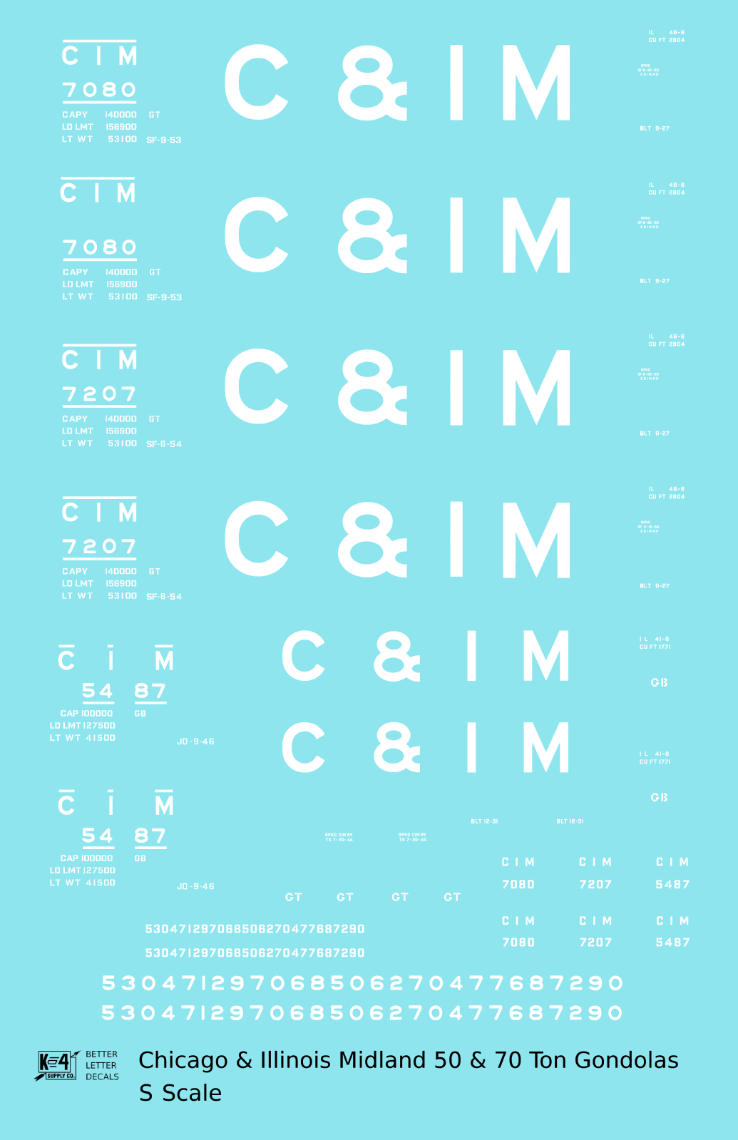 Chicago and Illinois Midland 50 and 70 Ton Gondolas White  - Decal - Choose Scale