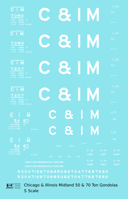 Chicago and Illinois Midland 50 and 70 Ton Gondolas White  - Decal - Choose Scale