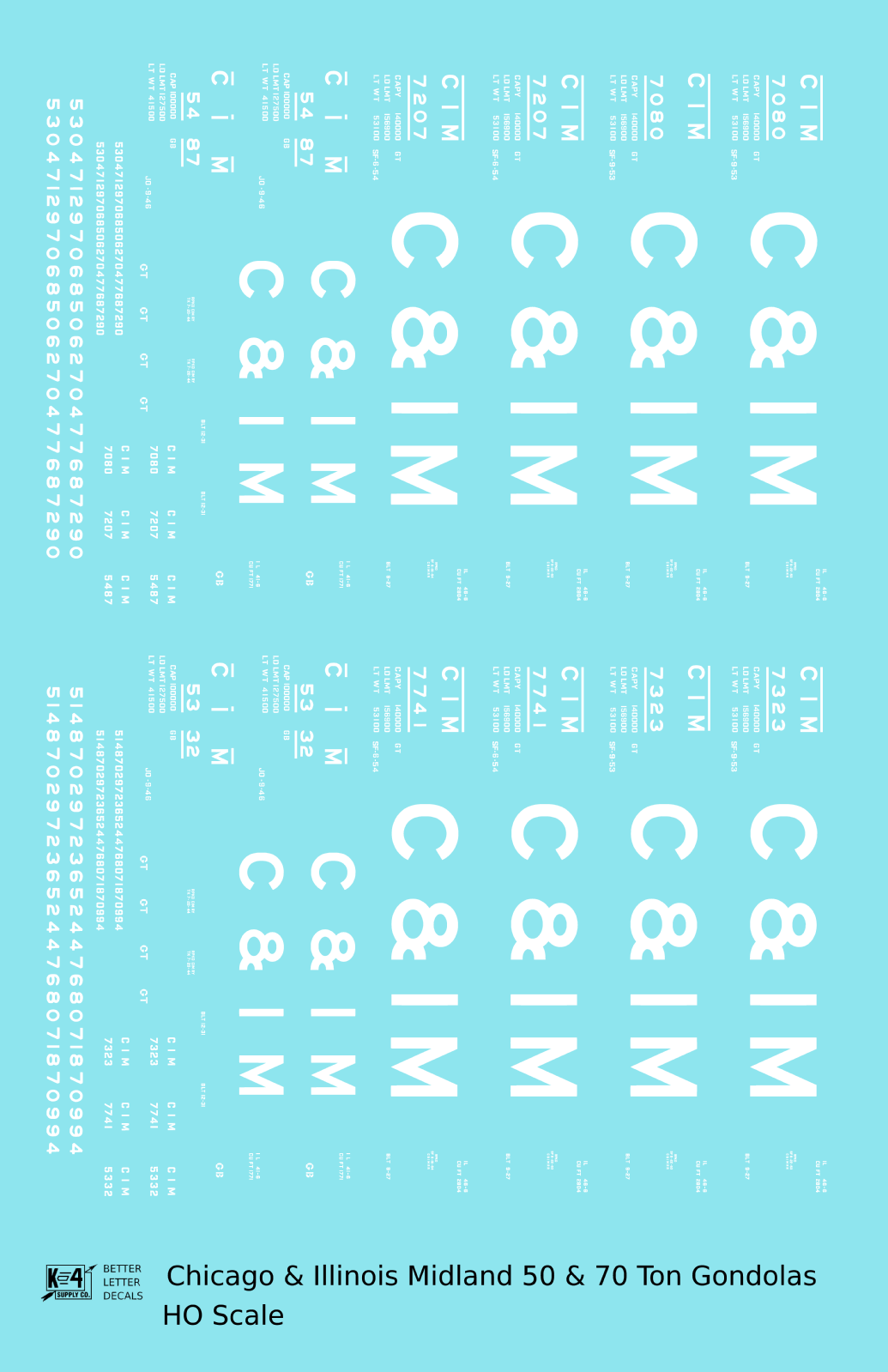 Chicago and Illinois Midland 50 and 70 Ton Gondolas White  - Decal - Choose Scale