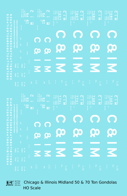 Chicago and Illinois Midland 50 and 70 Ton Gondolas White  - Decal - Choose Scale