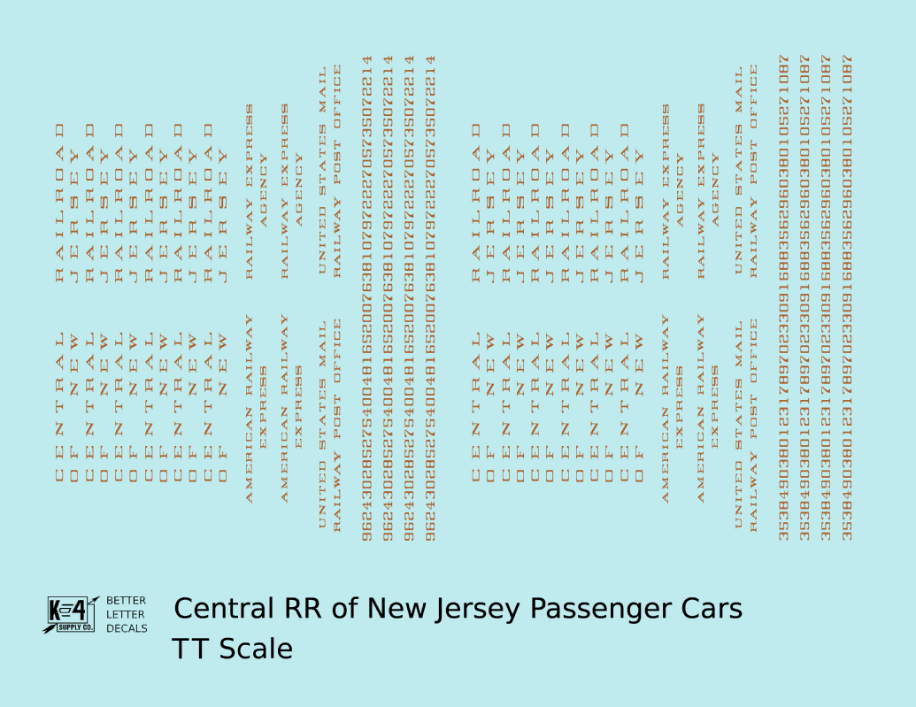 Central Of New Jersey Passenger Car Bronze Gold As Built Lettering - Decal - Choose Scale