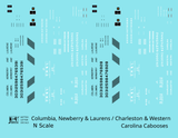 Columbia Newberry & Laurens / Charleston & Western Carolina Caboose Black and White ACL - Decal - Choose Scale