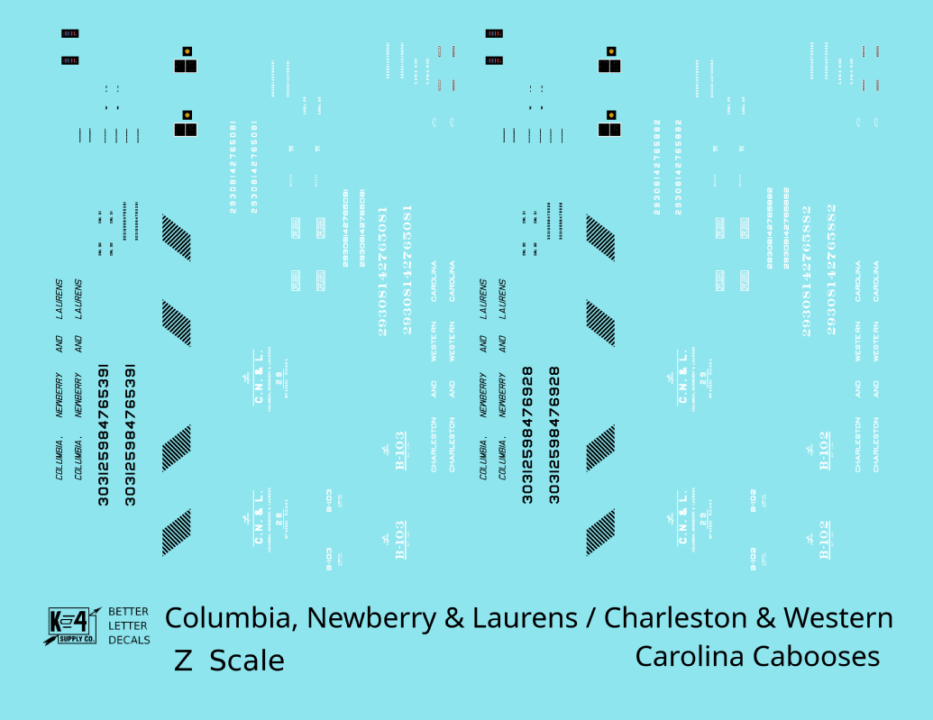 Columbia Newberry & Laurens / Charleston & Western Carolina Caboose Black and White ACL - Decal - Choose Scale