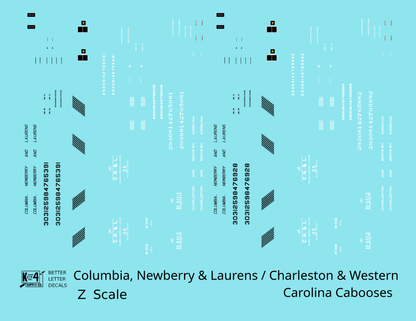 Columbia Newberry & Laurens / Charleston & Western Carolina Caboose Black and White ACL - Decal - Choose Scale