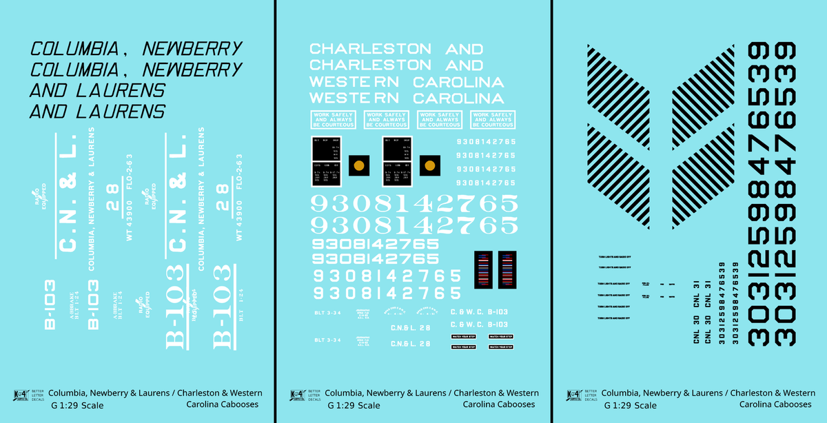 Columbia Newberry & Laurens / Charleston & Western Carolina Caboose Black and White ACL - Decal - Choose Scale