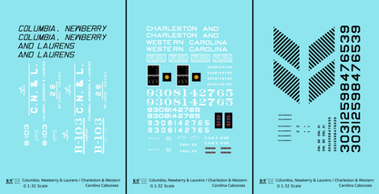 Columbia Newberry & Laurens / Charleston & Western Carolina Caboose Black and White ACL - Decal - Choose Scale