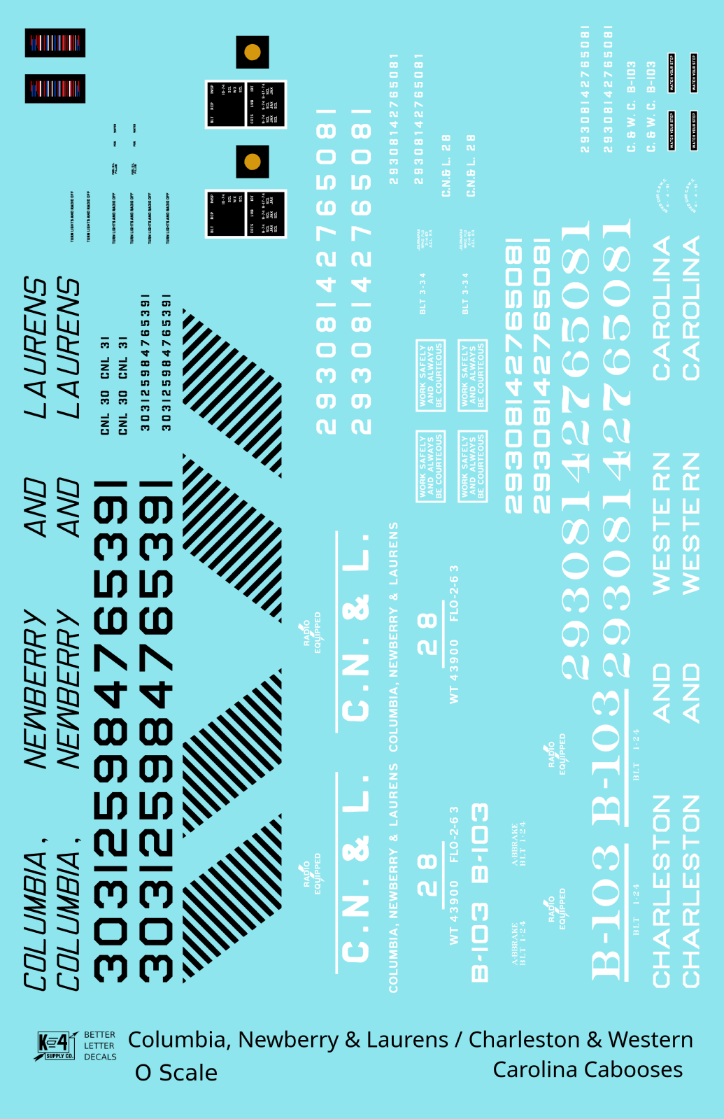 Columbia Newberry & Laurens / Charleston & Western Carolina Caboose Black and White ACL - Decal Sheet