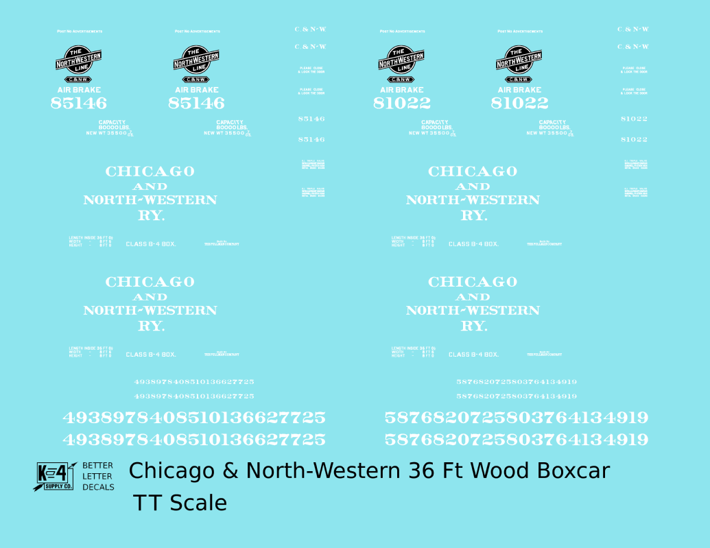 Chicago and North Western 36 Ft Wood Boxcar White  - Decal - Choose Scale