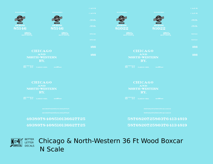 Chicago and North Western 36 Ft Wood Boxcar White  - Decal - Choose Scale