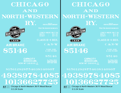 Chicago and North Western 36 Ft Wood Boxcar White  - Decal - Choose Scale