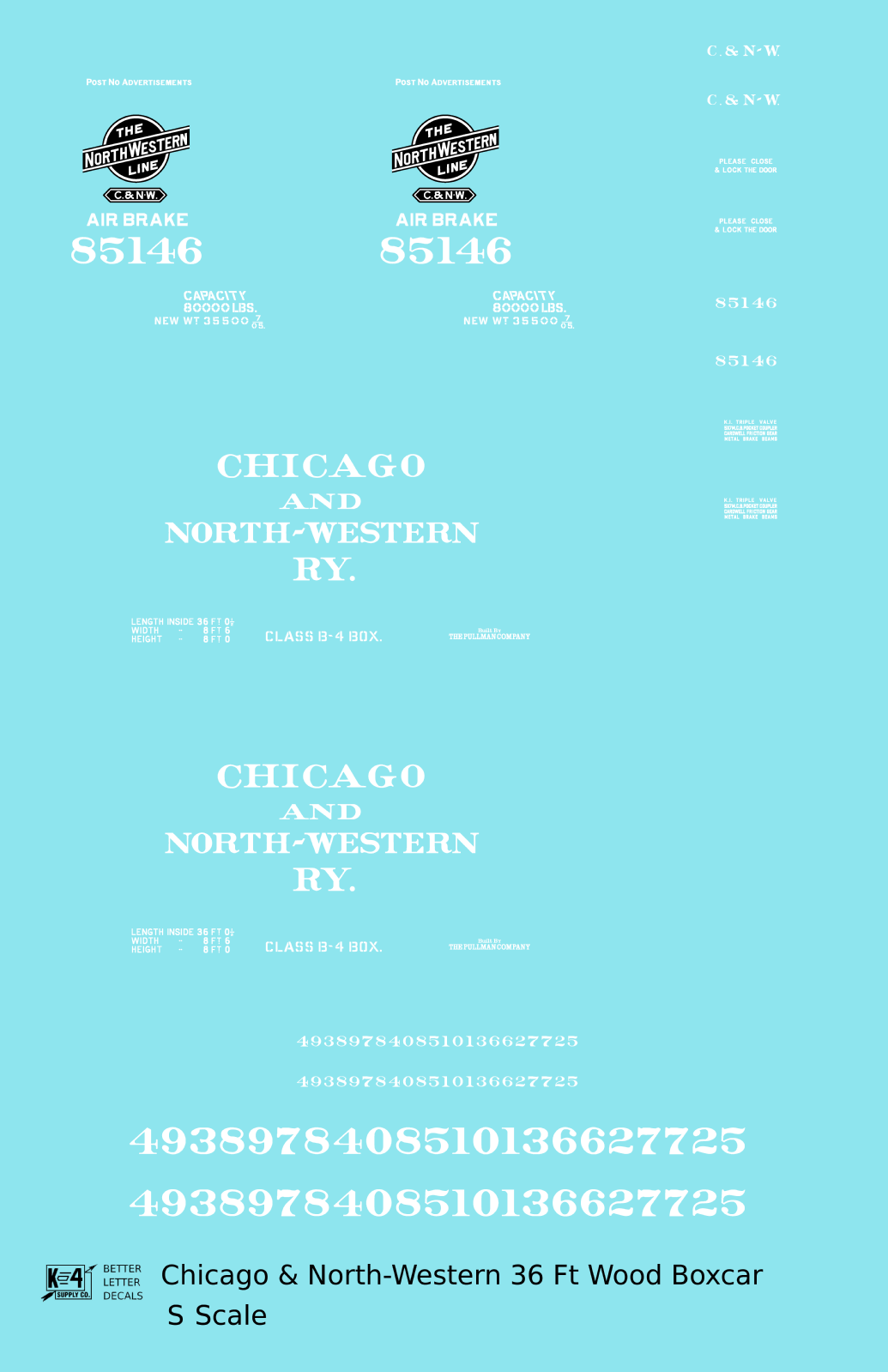 Chicago and North Western 36 Ft Wood Boxcar White  - Decal - Choose Scale