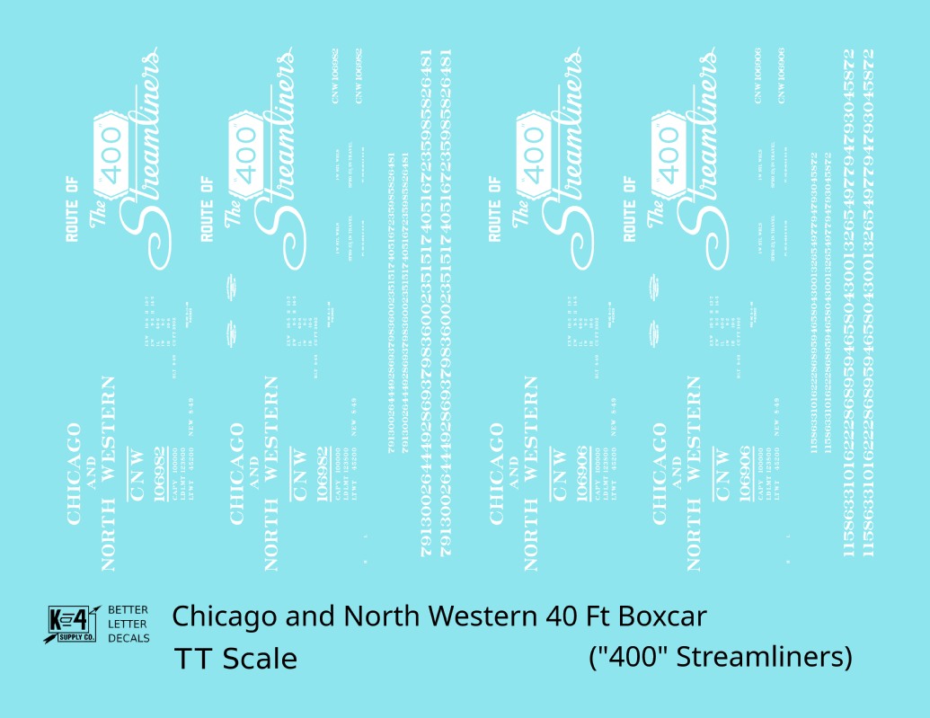 Chicago and North Western 40 Ft Boxcar White Route Of the 400 Streamliners - Decal - Choose Scale