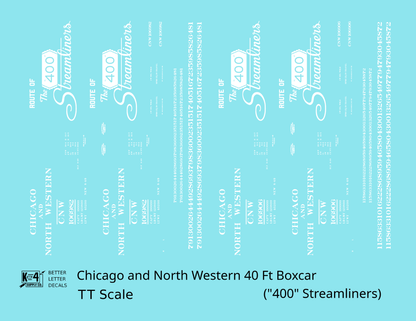 Chicago and North Western 40 Ft Boxcar White Route Of the 400 Streamliners - Decal - Choose Scale