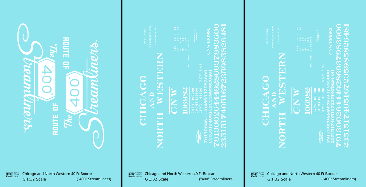 Chicago and North Western 40 Ft Boxcar White Route Of the 400 Streamliners - Decal - Choose Scale