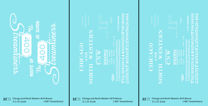 Chicago and North Western 40 Ft Boxcar White Route Of the 400 Streamliners - Decal - Choose Scale