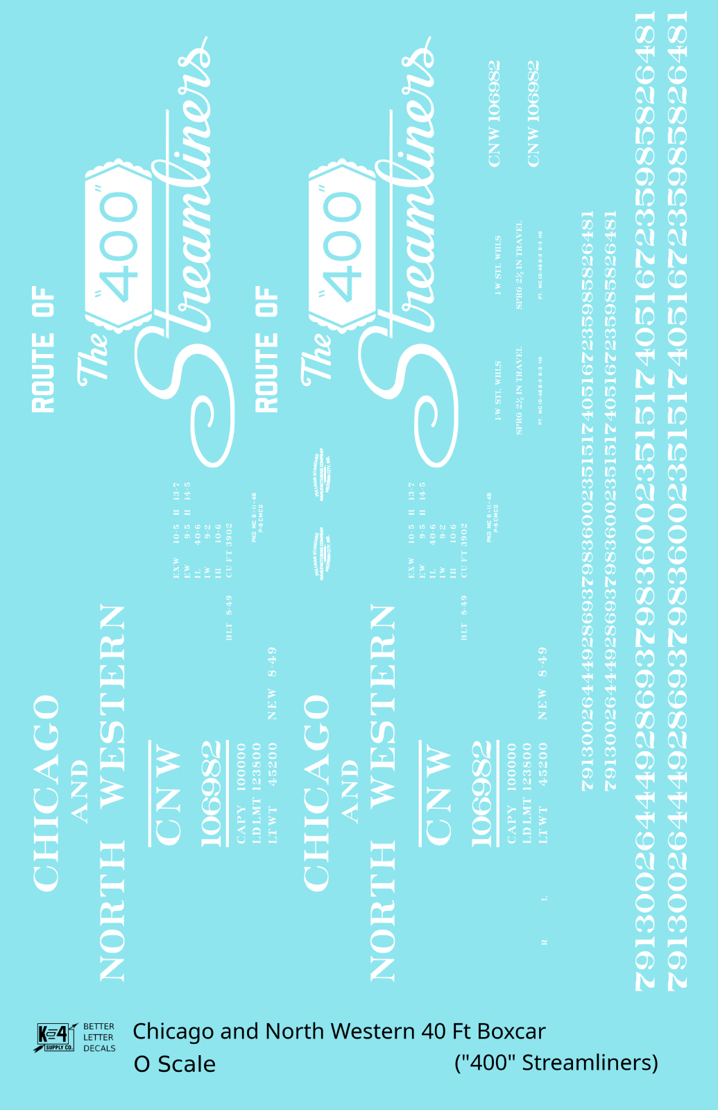 Chicago and North Western 40 Ft Boxcar White Route Of the 400 Streamliners - Decal Sheet