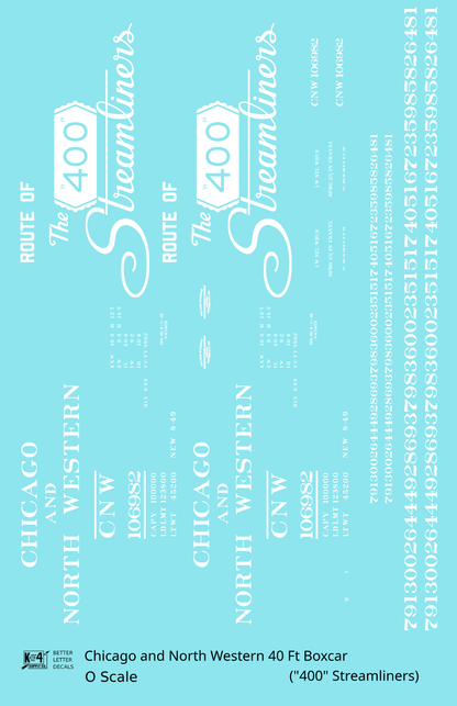 Chicago and North Western 40 Ft Boxcar White Route Of the 400 Streamliners - Decal Sheet