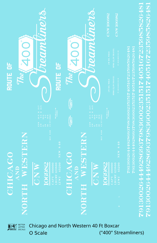 Chicago and North Western 40 Ft Boxcar White Route Of the 400 Streamliners - Decal Sheet