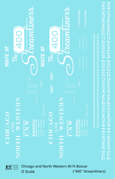 Chicago and North Western 40 Ft Boxcar White Route Of the 400 Streamliners - Decal Sheet