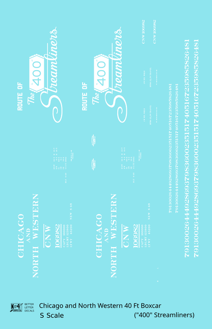 Chicago and North Western 40 Ft Boxcar White Route Of the 400 Streamliners - Decal - Choose Scale