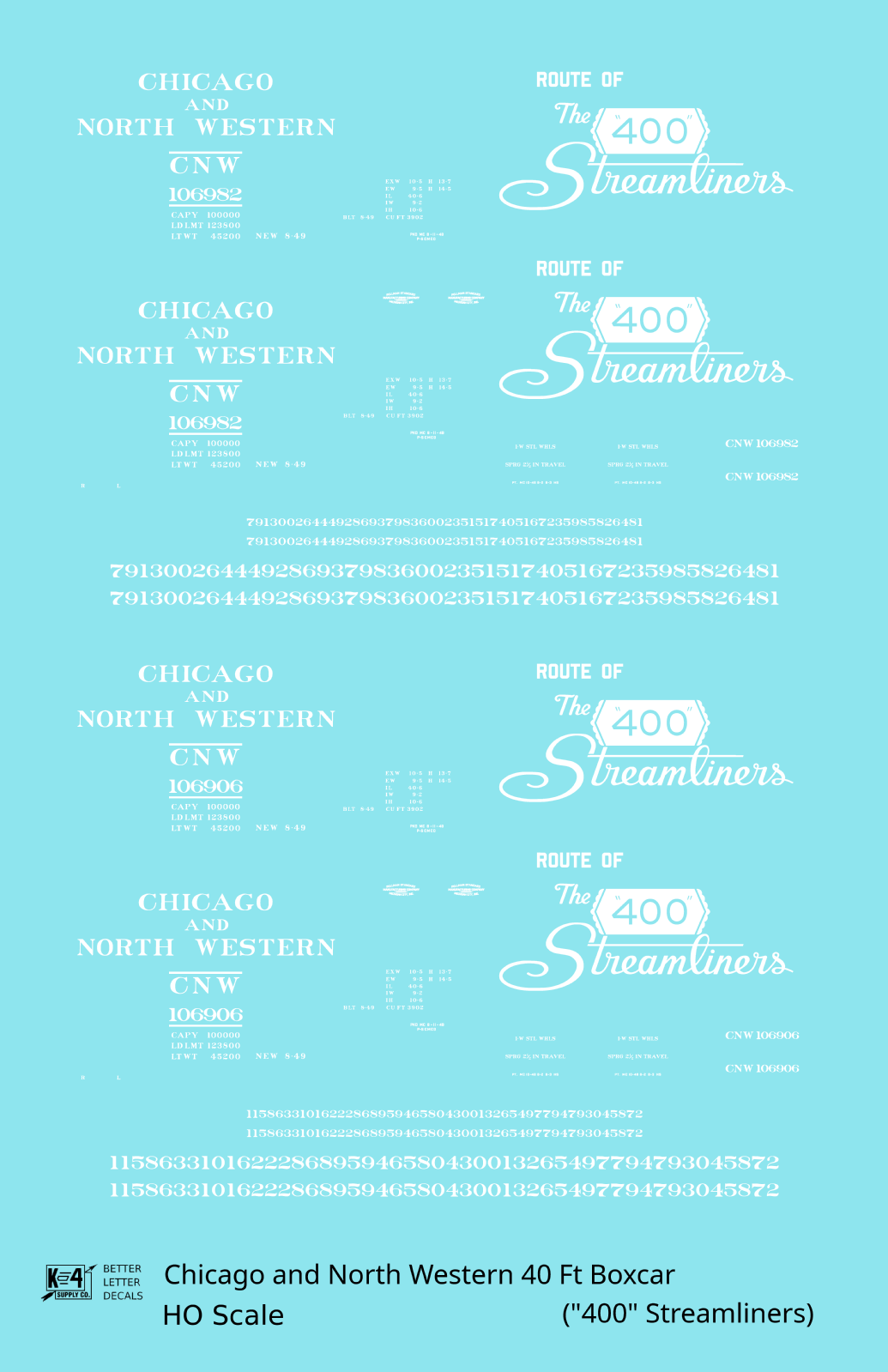 Chicago and North Western 40 Ft Boxcar White Route Of the 400 Streamliners - Decal - Choose Scale