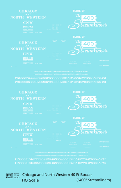 Chicago and North Western 40 Ft Boxcar White Route Of the 400 Streamliners - Decal - Choose Scale