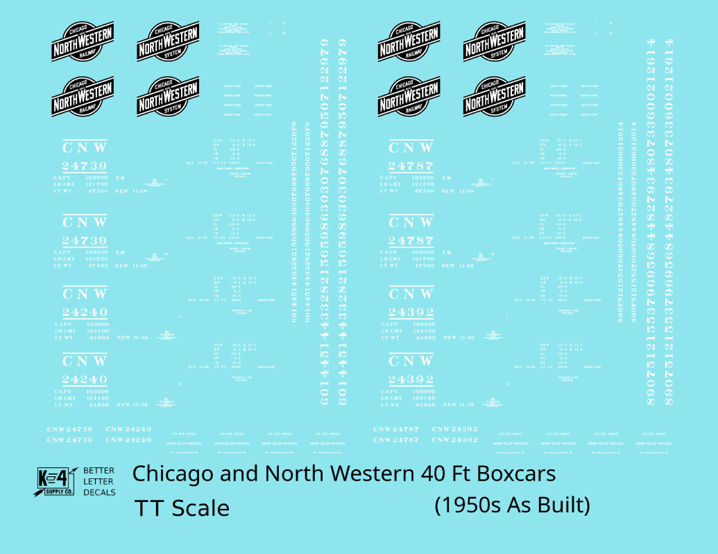 Chicago and North Western 40 Ft Boxcar White and Black Railway/System Herald - Decal - Choose Scale