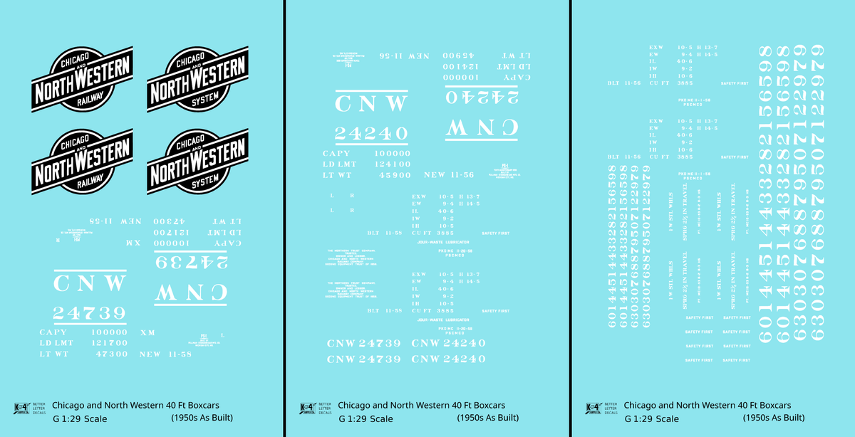 Chicago and North Western 40 Ft Boxcar White and Black Railway/System Herald - Decal - Choose Scale