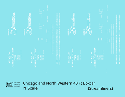 Chicago and North Western 40 Ft Boxcar White Route Of the Streamliners - Decal - Choose Scale