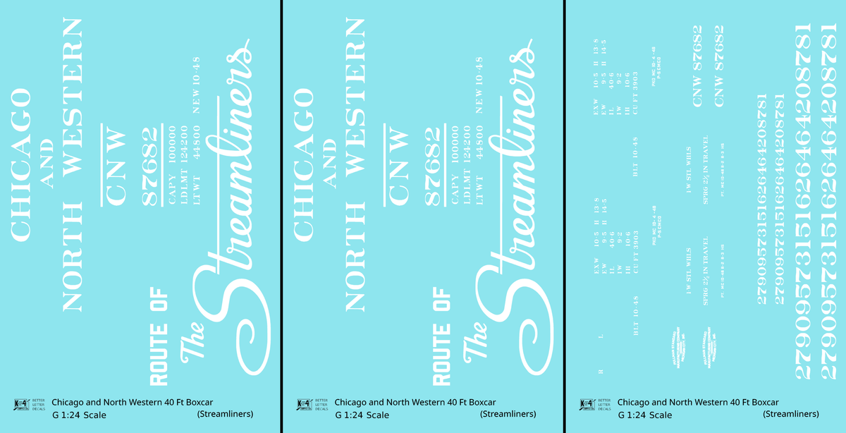 Chicago and North Western 40 Ft Boxcar White Route Of the Streamliners - Decal - Choose Scale