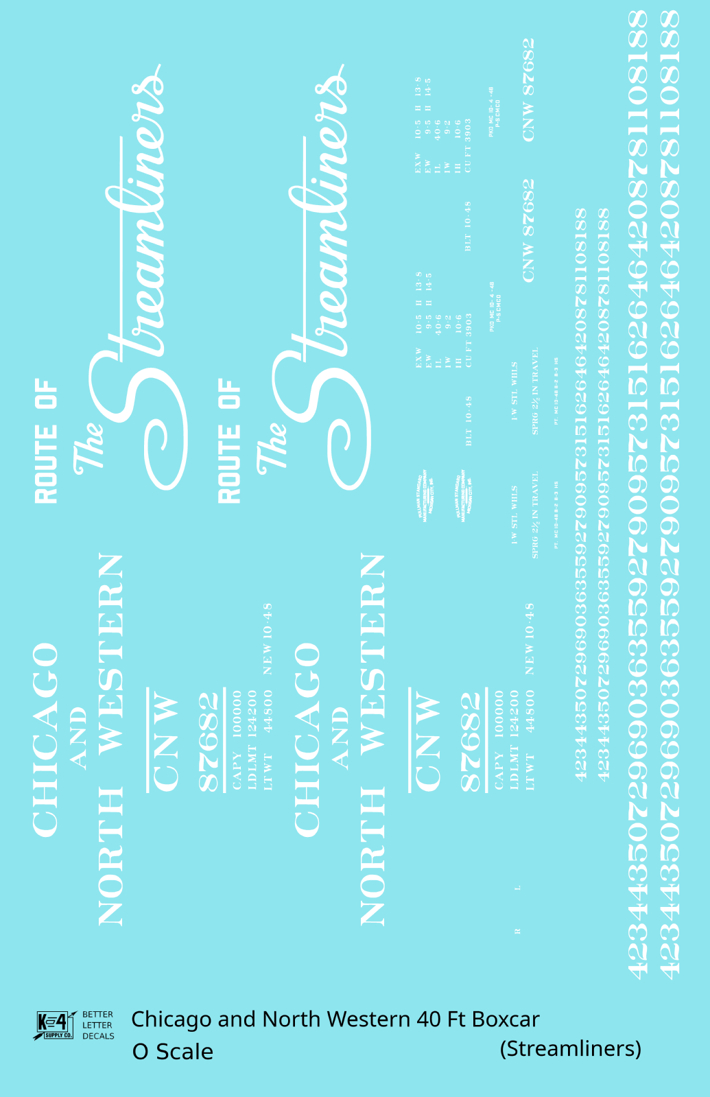 Chicago and North Western 40 Ft Boxcar White Route Of the Streamliners - Decal Sheet