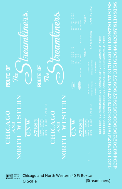 Chicago and North Western 40 Ft Boxcar White Route Of the Streamliners - Decal - Choose Scale
