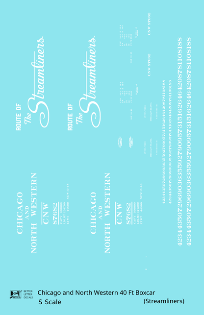 Chicago and North Western 40 Ft Boxcar White Route Of the Streamliners - Decal - Choose Scale