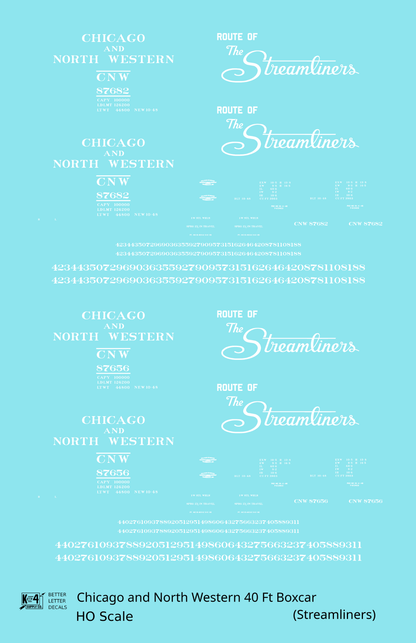 Chicago and North Western 40 Ft Boxcar White Route Of the Streamliners - Decal - Choose Scale