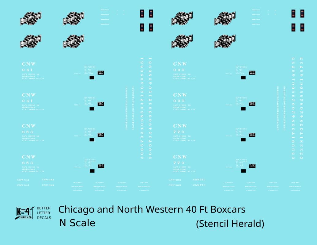 Chicago and North Western 40 Ft Boxcar White Stencil Herald