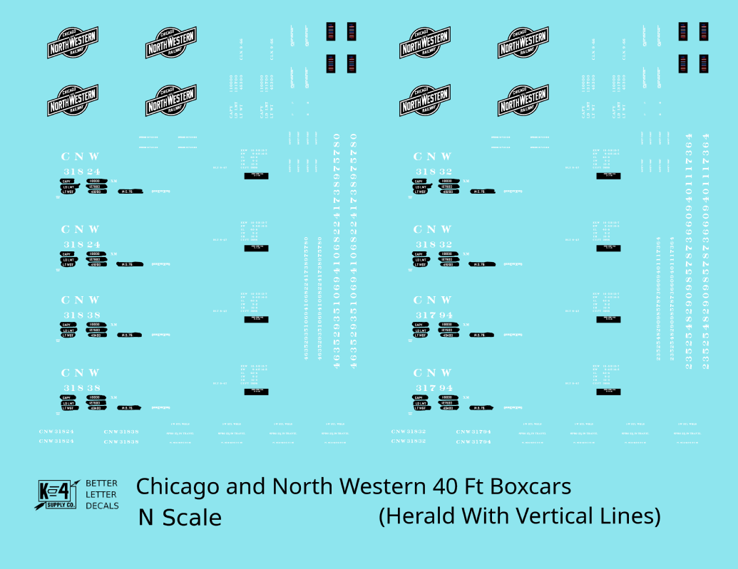 Chicago and North Western 40 Ft Boxcar White and Black Vertical Edge Line Herald - Decal - Choose Scale