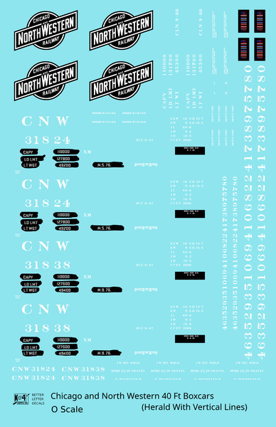 Chicago and North Western 40 Ft Boxcar White and Black Vertical Edge Line Herald - Decal Sheet