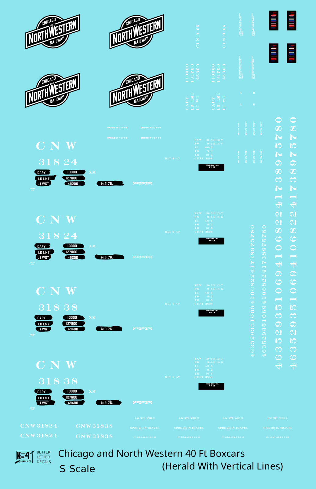 Chicago and North Western 40 Ft Boxcar White and Black Vertical Edge Line Herald - Decal - Choose Scale