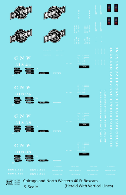 Chicago and North Western 40 Ft Boxcar White and Black Vertical Edge Line Herald - Decal - Choose Scale