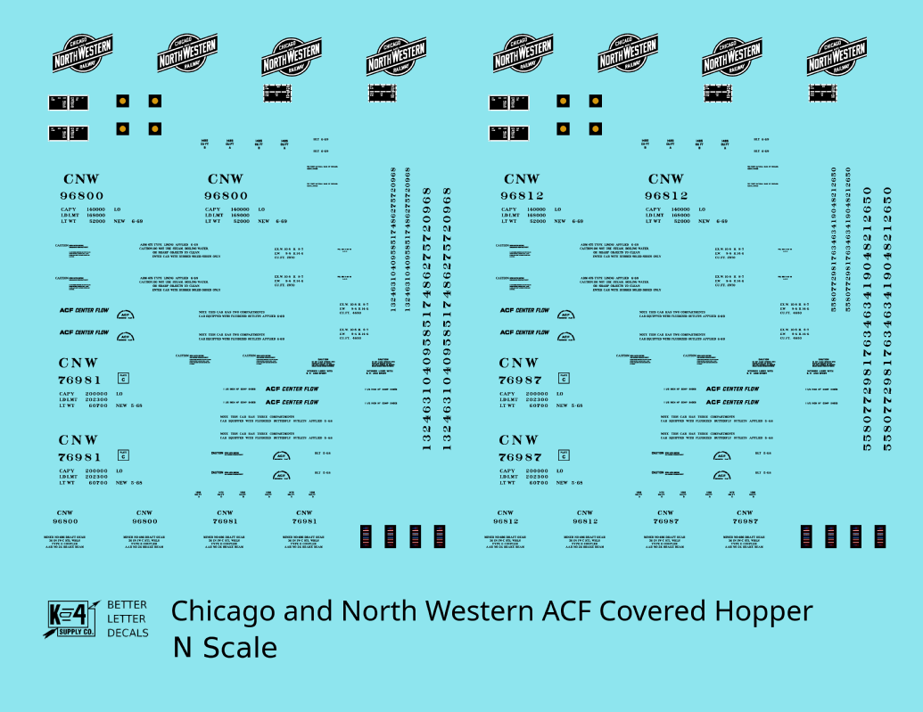 Chicago and North Western ACF Covered Hopper Black  - Decal - Choose Scale