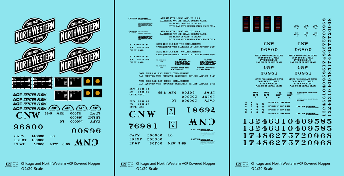 Chicago and North Western ACF Covered Hopper Black  - Decal - Choose Scale