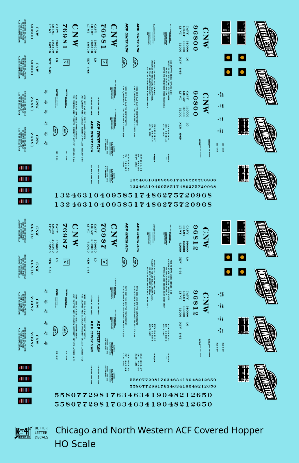 Chicago and North Western ACF Covered Hopper Black  - Decal - Choose Scale