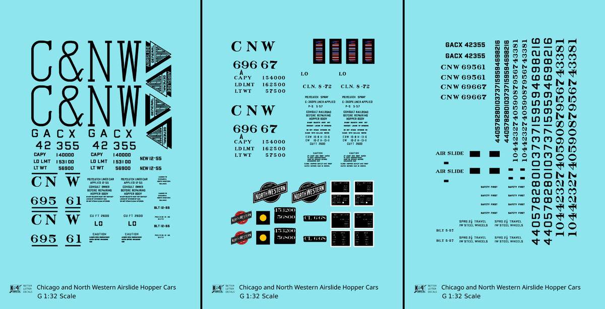 Chicago and North Western Airslide Covered Hopper Black  - Decal - Choose Scale