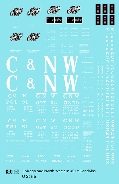 Chicago and North Western 40 Ft Gondola White Herald and Big CNW - Decal Sheet