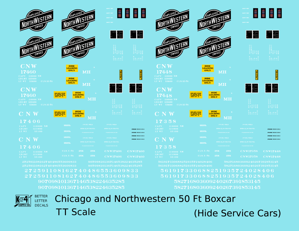 Chicago and North Western 50 Ft Boxcar White Hide Service Cars - Decal - Choose Scale