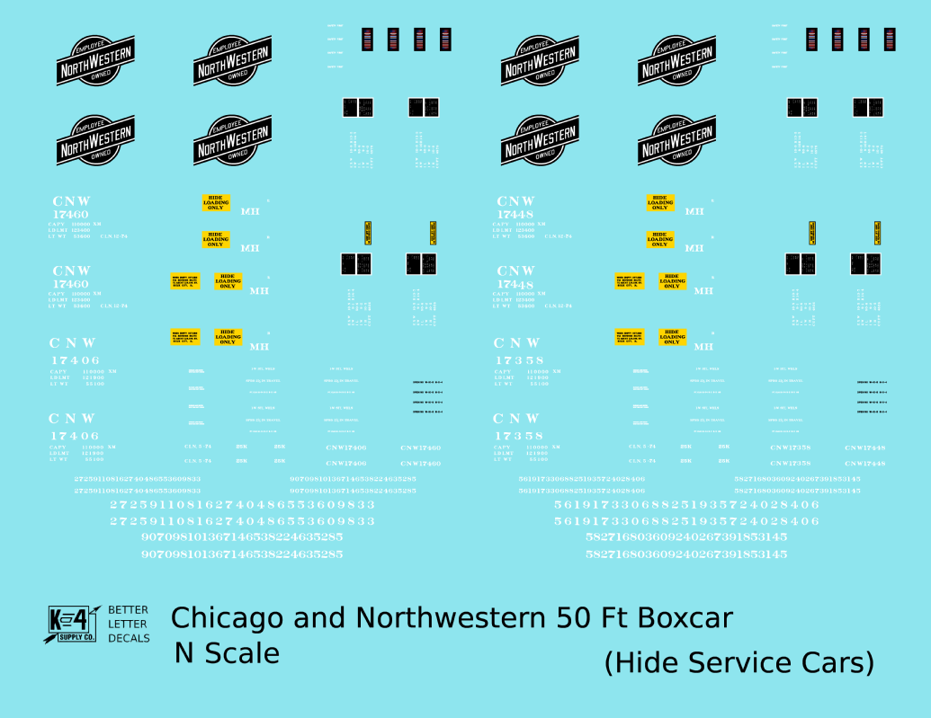 Chicago and North Western 50 Ft Boxcar White Hide Service Cars - Decal - Choose Scale