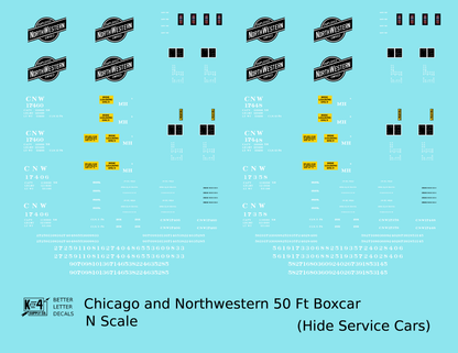 Chicago and North Western 50 Ft Boxcar White Hide Service Cars - Decal - Choose Scale