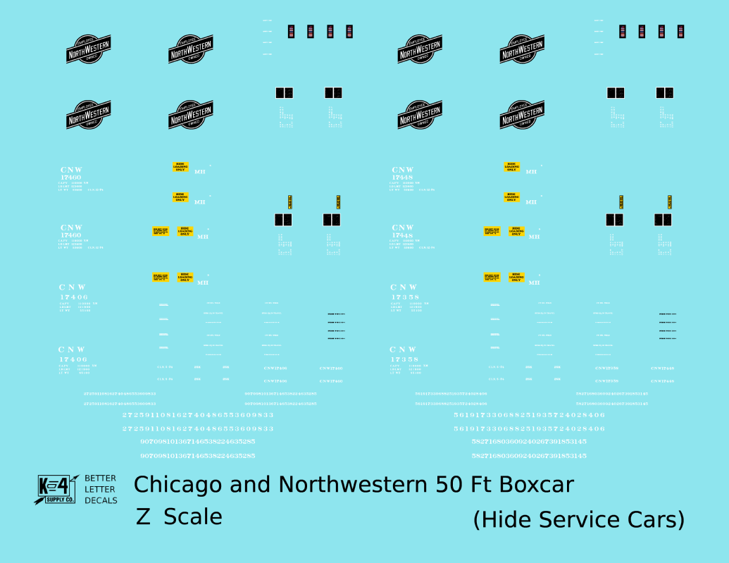 Chicago and North Western 50 Ft Boxcar White Hide Service Cars - Decal - Choose Scale